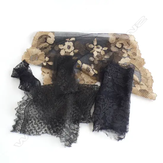 Collection of black lace trims, fragments & shawl.
